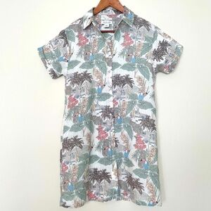 C&C California 100% Linen Tropical Toucan Button Down Shirt Tunic Dress NWOT M